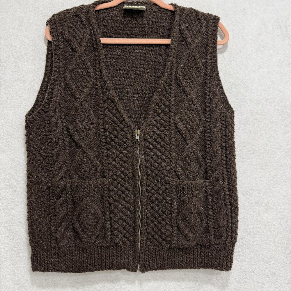 Blarney Woollen Mills Sweater Vest Mens Large Brown Aran Handknit Cable Zip